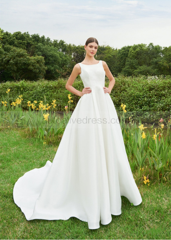 Bateau Neck Ivory Satin Lace Simple Wedding Dress